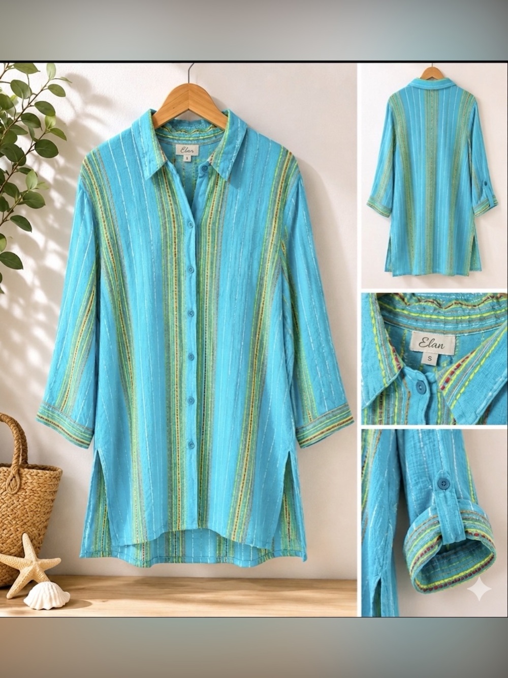 Elan Turquoise Metallic Shimmer Stripe Longline Tunic Shirt Beach Cover Up Small